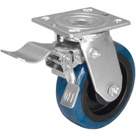 Caster; Swivel; 4" x 2"; PolyU on PolyO (Blue); Plate; 4"x4-1/2"; holes: 2-5/8"x3-5/8" (slots to 3"x3"); 3/8" bolt; Zinc; Roller Brng; 500#; Total Lock (Front) (Item #67154)