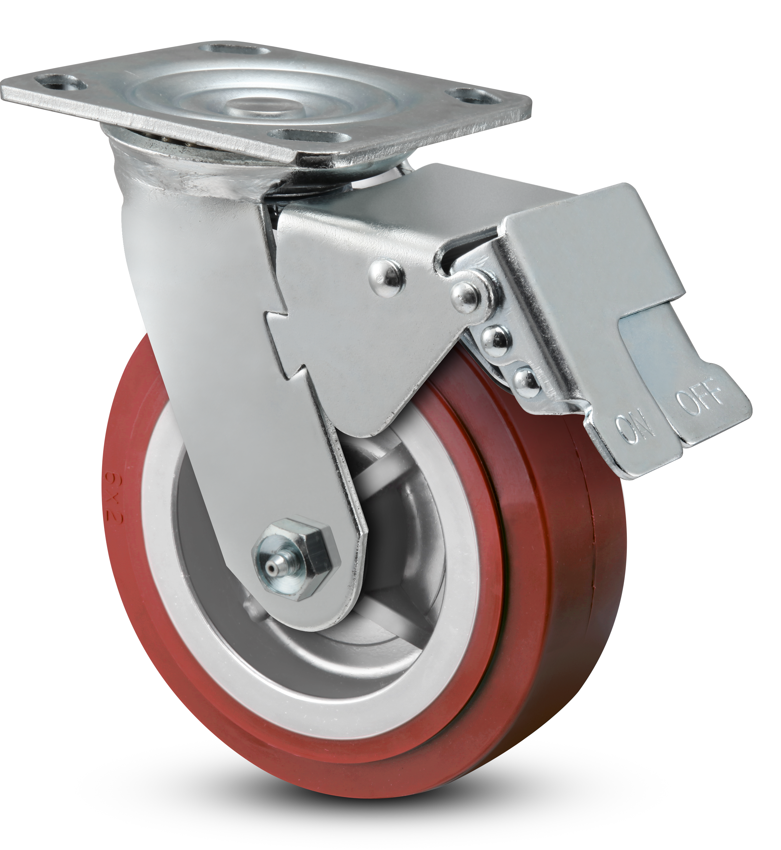 Caster; Swivel; 5"x2"; PolyU on PolyO; Plate; 4"x4-1/2"; holes: 2-5/8"x3-5/8" (slotted to 3x3); 3/8 bolt; Roller Brng; 750#; Total Lock Brake (Trailing) (Item #68570)