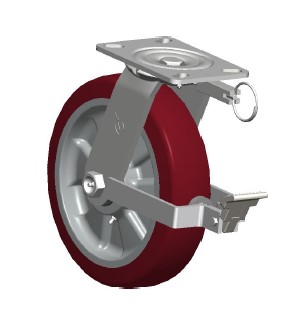Caster; Swivel; 10" x 2-1/2"; Red PolyU/ PolyO; Plate (4-1/2"x6-1/4"; holes: 2-7/16"x4-15/16" slotted to 3-3/8"x5-1/4"); Roller Brg; 1800#; Face Brake; Pos Lock (Item #65372)