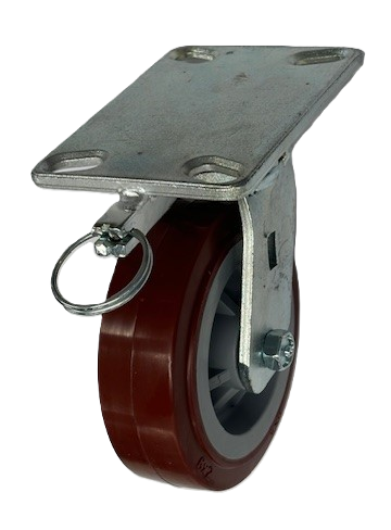 Caster; Swivel; 10" x 2-1/2"; Red PolyU on PolyO; Plate (4-1/2"x6-1/4"; holes: 2-7/16"x4-15/16" slotted to 3-3/8"x5-1/4"); Roller Brg; 1800#; 4 Position Lock (Item #65371)
