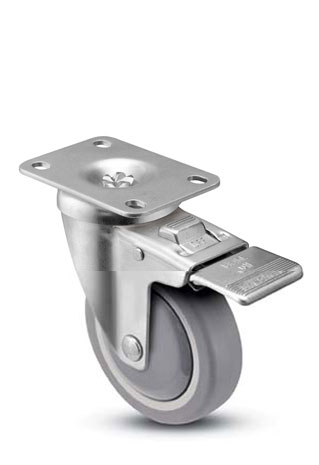 Caster; Swivel; 3" x 1-1/4"; PolyU on PolyO (Gray); Plate (2-5/8"x3-3/4"; holes: 1-3/4"x2-3/4" slotted to 3"; 5/16" bolt); Prec Ball Brng; 250#;Total Lock Brk (Item #65979)