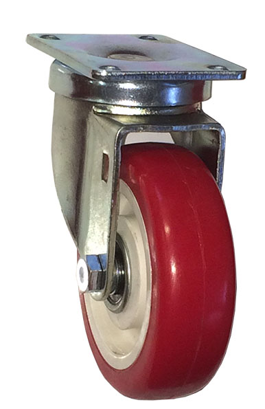 Caster; Swivel; 3" x 1-1/4"; Red PolyU on PolyO; Plate (2-3/8"x3-5/8"; holes: 1-3/4"x2-7/8" slotted to 3"; 5/16" bolt); Ball Brng; 250#; Dust Cover; Thread Grds (Item #66283)