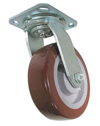 Caster; Swivel; 6x2; PolyU on PolyO (Dk Red/Grey); Plate; 4-1/2x6-1/4; holes: 2-7/16x4-15/16 (slotted to 3-3/8x5-1/4); 1/2 bolt; Zinc; Roller brg; 750# (Item #67560)