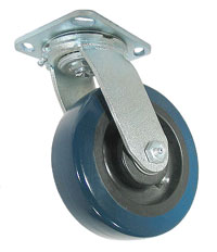 Caster; Swivel; 8" x 2"; PolyU on PolyO (Blue); Plate (4"x4-1/2"; holes: 2-5/8"x3-5/8" slotted to 3"x3"; 3/8" bolt); Roller Brng; 800#; Pedal brake (Item #64377)