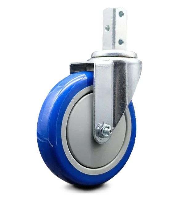 Caster; Swivel; 5" x 1-1/4"; 95A Blue PolyU on PolyO; Square Stem (3/4" x 2-1/8"; three 17/64" mounting holes at 1/2"; 1-1/8" and 1-3/4"); Zinc; Ball Brg (Item #63623)
