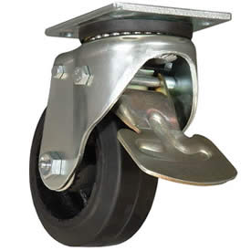 Caster; Swivel; 6" x 2"; Rubber on Cast Iron; Plate; 4"x4-1/2"; holes: 2-5/8"x3-5/8" (slots to 3"x3"); 3/8" bolt; Zinc; Roller Brng; 450#; Total Pedal Lock (Item #67408)