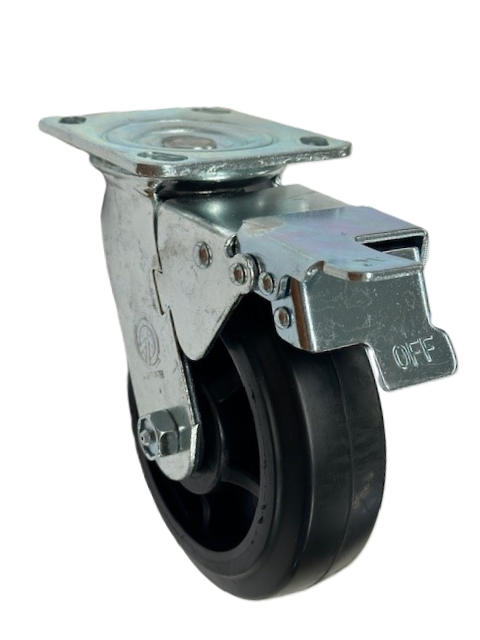 Caster; Swivel; 5" x 2"; Rubber on Nylon; Plate (4"x4-1/2"; holes: 2-5/8"x3-5/8" slotted to 3"x3"; 3/8" bolt); Zinc; Roller Brng; 450#; Total Lock (Trailing) (Item #64604)