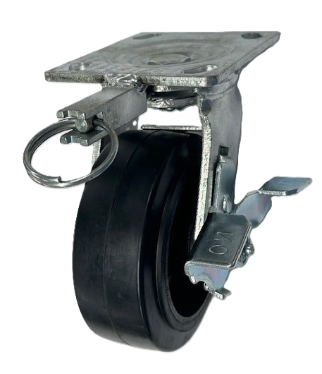 (image for) Caster; Swivel; 8" x 2"; Rubber on Cast Iron; Plate (4"x4-1/2"; holes: 2-5/8"x3-5/8" slots to 3"x3"; 3/8" bolt); Roller Brng; 600#; Position Lock (4-way); Brake (Item #63430)
