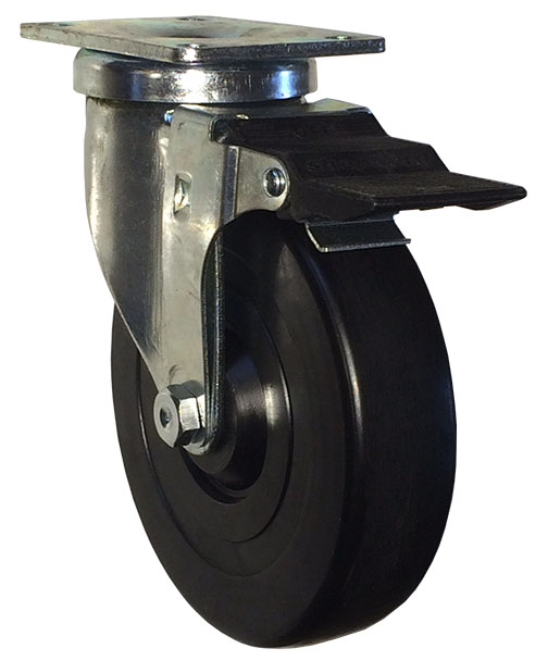 Caster; Swivel; 3 x 1-1/4; Rubber; Hard; Plate; 3-1/8x4-1/8; holes: 1-3/4x3 (slotted to 2-3/8x3-3/8); 3/8 bolt; Zinc; Ball Brng; 250#; Pedal Whl Brake (Item #68288)
