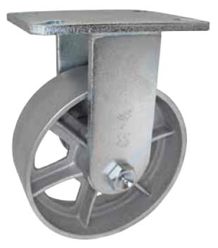 Caster; Rigid; 12" x 2-1/2"; Cast Iron; Top Plate (4-1/2"x6-1/4"; holes: 2-7/16"x4-15/16" slotted to 3-3/8"x5-1/4"; 1/2" bolt); Zinc; Roller Brng; 1800# (Item #65010)