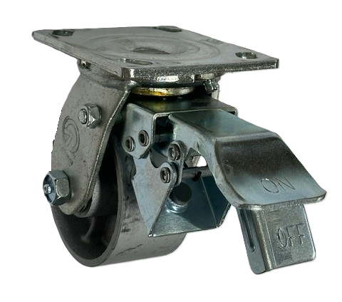 Caster; Swivel; 6" x 2"; Cast Iron; Top Plate (4"x4-1/2"; holes: 2-5/8"x3-5/8" slotted to 3"x3"; 3/8" bolt); Zinc; Roller Brng; 1200#; Total Lock (Leading) (Item #66029)