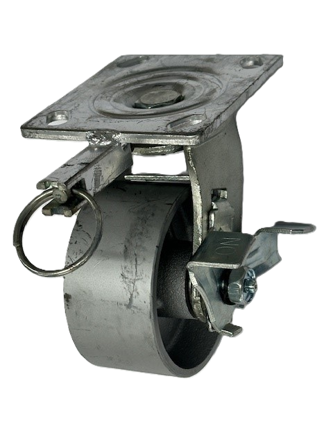 Caster; Swivel; 4 x 2; Cast Iron; Plate; 4x4-1/2; holes: 2-5/8x3-5/8 (slotted to 3x3); 3/8 bolt; Zinc; Roller Brng; 700#; Pos Lock; Wheel brake (Item #67553)