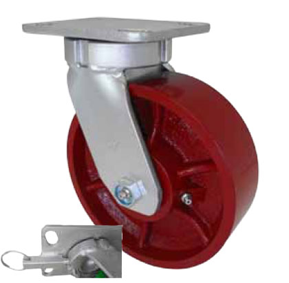 Caster; Swivel; 12" x 3"; Steel (Ductile); Plate (5-1/4"x7-1/4"; holes: 3-3/8"x5-1/4" slots to 4-1/8"x6-1/8"); Roller Brng; 6000#; Kingpinless; 4 Position Lock (Item #64565)