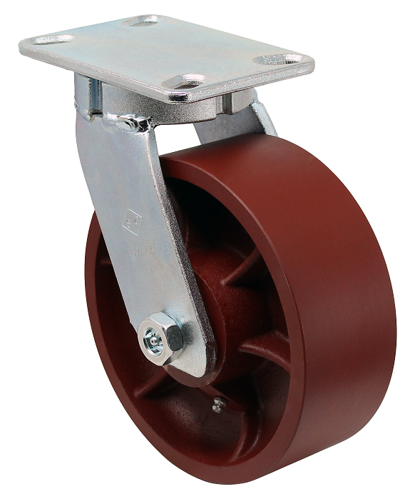 Caster; Swivel; 6" x 2-1/2"; Steel (Crowned Ductile); Plate (4-1/2"x6-1/4"; holes: 2-7/16"x4-15/16" slotted to 3-3/8"x5-1/4"); Roller Brng; 3500#; Kingpinless (Item #63860)
