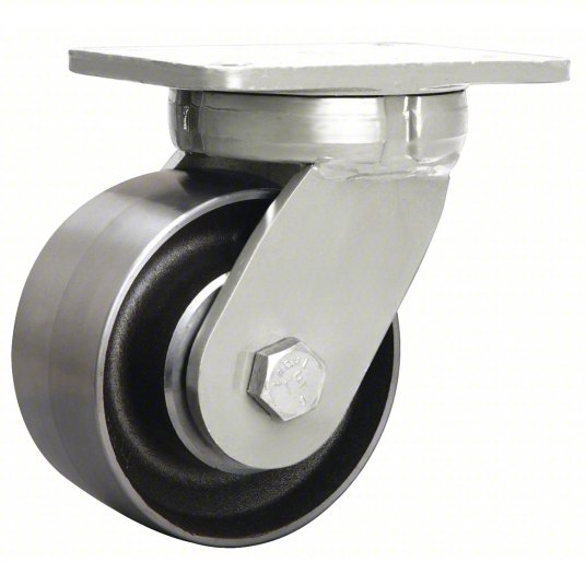 Caster; Swivel; 6" x 2-1/2"; Steel (Forged); Plate (4-1/2"x6-1/4"; holes: 2-7/16"x4-15/16" slotted to 3-3/8"x5-1/4"; 1/2" bolt); Roller Brng; 4000#; Kingpinless (Item #65301)