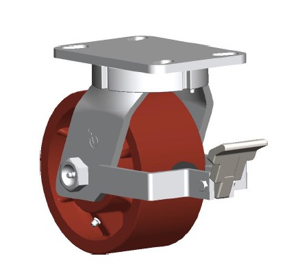 Caster; Swivel; 6"x3"; Steel (Ductile); Plate (4-1/2x6-1/4; holes: 2-7/16x4-15/16 slots to 3-3/8x5-1/4; 1/2 bolt); Kpinless; Tapered Rlr Brng; 6000#; Face Brake (Item #67233)