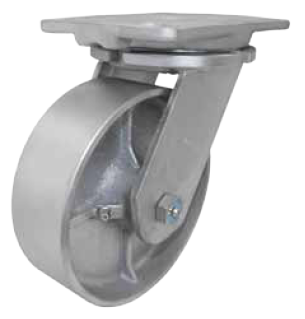 Caster; Swivel; 8" x 3"; Cast Iron; Top Plate (4-1/2"x6-1/4"; holes: 2-7/16"x4-15/16" slotted to 3-3/8"x5-1/4"; 1/2" bolt); Zinc; Roller Brng; 2400# (Item #65183)