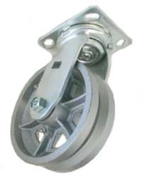 Caster; Swivel; 4 x 2; V-Groove Cast Iron; Top Plate; 5x5-1/2; hole spacing: 4-1/8x4-1/2; 7/16 bolt; Zinc; Roller Brng; 900#; Top lock brake; Zerk Axle (Item #69140)