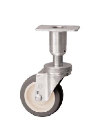 Caster; Swivel; 3x1-1/4; PolyU on PolyO (Gr/Bg); Plate (2-3/8x3-5/8; holes: 1-3/4x2-7/8 slotted to 3; 5/16 bolt); 250#; Leveling Leg (2in long; 5/8 adjust) (Item #66958)