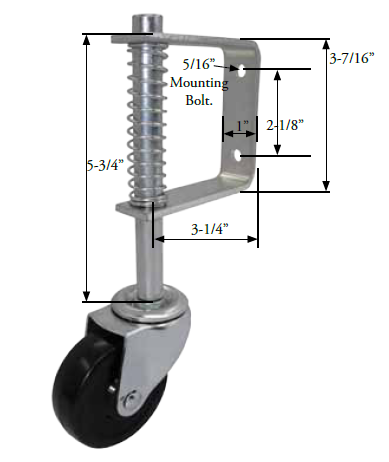 Caster; Swivel; 3" x 13/16"; PolyU on PolyO (Gray); Gate Bracket (1"x3-7/16"; Holes 2-1/8" apart); Plain bore; 120# (Full spring compression at 30#). (Item #65315)