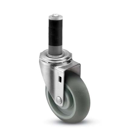 Caster; Swivel; 5x1-1/4; ThermoPlstc Rbr Round (Gray); Expandable Adapter (1-3/8" - 1-7/16" ID tubing); Zinc; Delrin Spanner; 300# (Item #66901)