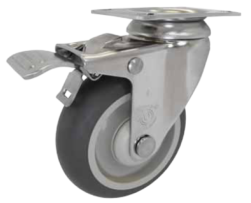 Caster; Swivel; 3" x 1-1/4"; PolyU on PolyO (Gray); Grip Ring (7/16" x 1-3/8"); Stainless; Delrin Spanner; 250#; Total Lock (Item #65531)