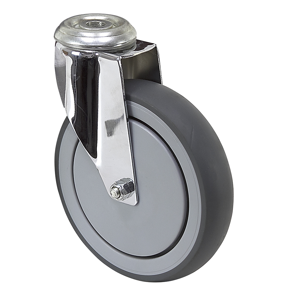 Caster; Swivel; 3" x 1-1/4"; TPR Rubber (Gray); Hollow Kingpin (1/2" bolt hole); Stainless; Precision Ball Brng; 165#; Thread guards (Item #64111)