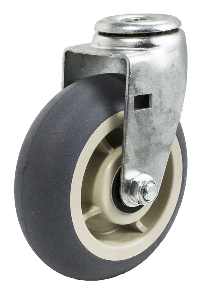 Caster; Swivel; 5" x 2"; ThermoPlastic Rubber Donut (Gray); Hollow Kingpin (1/2" bolt hole); Zinc; Roller Brng; 450# (Item #64274)