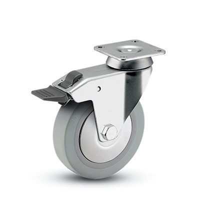 Caster; Swivel; 3" x 7/8"; TPR Rubber; Plate (2-3/8" Square: holes: 1-1/2"x1-1/2" (slots to 1-7/8"x1-7/8"); 1/4" bolt); Chrome; Ball Brng; 140#; Total Lock (Item #63697)
