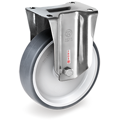 Caster; Rigid; 3-1/2" x 1-1/4"; Thermoplastized Rubber (Gray); Plate (2-1/2"x3-5/8"; holes: 1-3/4"x2-7/8" slots to 3"; 5/16" bolt); Stainless; 300# (Item #64383)