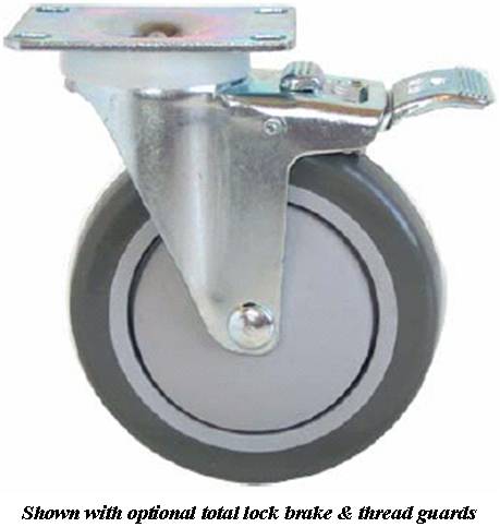 Caster; Swivel; 4" x 1-1/4"; TPR Rubber (Gray); Plate (2-1/2"x3-11/16"; holes: 1-3/4"x2-7/8" slotted to 3"; 5/16" bolt); Zinc; Ball Brng; 210#; Total Lock; TG (Item #65888)