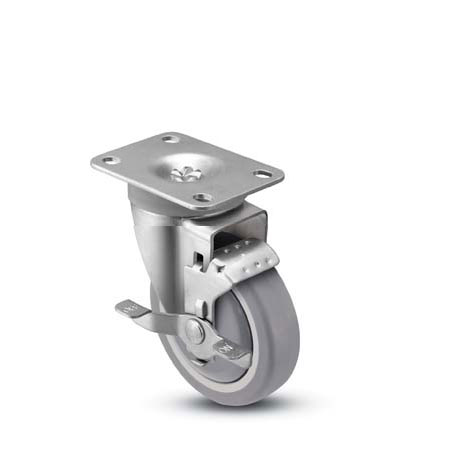 Caster; Swivel; 3" x 1-1/4"; TPR Rubber (Gray); Plate (2-1/2"x3-5/8"; holes: 1-3/4"x2-7/8" slots to 3"; 5/16" bolt); Stainless; Stainless Ball; 210#; Brake (Item #64340)