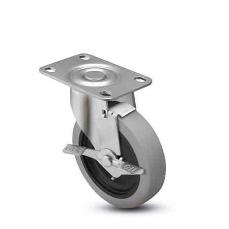 Caster; Swivel; 5" x 1-1/4"; Thermoplastized Rubber (Gray); Plate (2-1/2"x3-5/8"; holes: 1-3/4"x2-7/8" slotted to 3"; 5/16" bolt); Zinc; Plain bore; 250#; Brake (Item #64344)