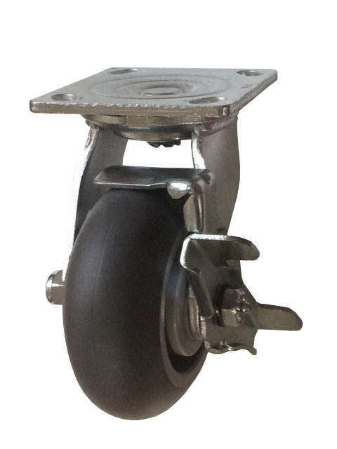 Caster; Swivel; 6" x 2"; ThermoPlastic Rubber; Round (Gray); Plate; 4"x4-1/2"; holes: 2-5/8"x3-5/8" (slots to 3"x3"); 3/8" bolt; Zinc; Roller Brng; 550#; Brake (Item #67656)