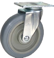 Caster; Swivel; 3" x 1-1/4"; TPR Rubber (Gray); Plate (2-1/2"x3-5/8"; holes: 1-3/4"x2-7/8" slotted to 3"; 5/16" bolt); Stainless; Stainless Ball; 210# (Item #64518)