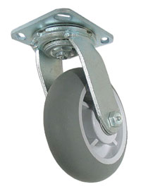 Caster; Swivel; 4" x 2"; Round ThermoPlstc Rbr; Plate; 4"x4-1/2"; holes: 2-5/8"x3-5/8" (slotted to 3"x3"); 3/8" bolt; Zinc; Roller Brng 300# (Item #69221)