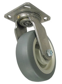 Caster; Swivel; 6" x 2"; Thermoplastized Rubber (Gray); Plate (4"x4-1/2"; holes: 2-5/8"x3-5/8" slotted to 3"x3"; 3/8" bolt); Stainless; Delrin Brng; 500# (Item #65106)