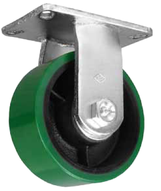 Caster; Rigd; 4" x 2"; PolyU on Nylon (Green); Top Plate (4"x4-1/2"; holes: 2-5/8"x3-5/8" slotted to 3"x3"; 3/8" bolt); Zinc; Roller Brng; 700# (Item #65518)