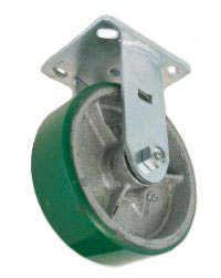 Caster; Rigid; 6" x 2"; PolyU on Alum (Color varies); Plate; 4"x4-1/2"; hole spacing: 2-5/8x3-5/8 (slotted to 3x3); 3/8 bolt; Zinc; Roller Brng; 1200# (Item #67989)