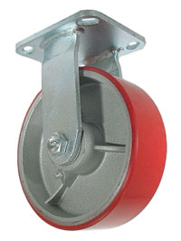 Caster; Rigid; 8" x 2"; PolyU on Cast Iron; Plate; 4"x4-1/2"; holes: 2-5/8"x3-5/8" (slotted to 3"x3"); 3/8" bolt; Zinc; Roller Brng; 1250# (Red or green tread) (67547)