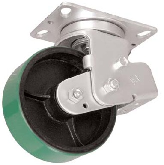 Caster; Swivel; 6x2; Crowned PolyU on Cast; Plate (4-1/2x6-1/4; holes: 2-7/16x4-15/16 slots to 3-3/8x5-1/4; 1/2 bolt); Roller Bg; 800#; Spring Loaded (600#+75#) (Item #67121)