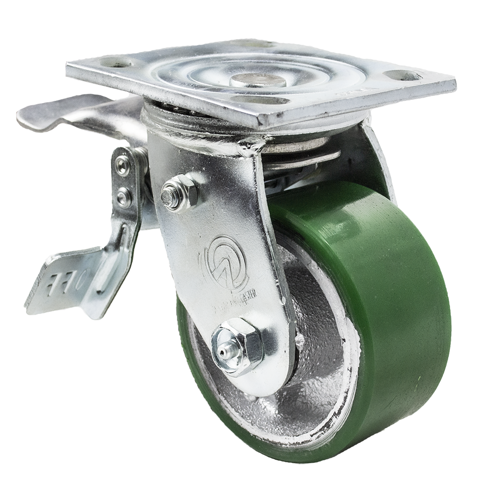 Caster; Swivel; 6" x 2"; PolyU on Cast Iron; Plate (4"x4-1/2"; holes: 2-5/8"x3-5/8" slotted to 3"x3"; 3/8" bolt); Roller Brng; 1200#; Total Lock (Leading) (Item #66032)
