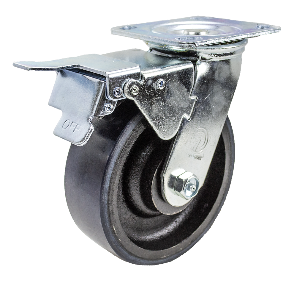 Caster; Swivel; 6x2; PolyU (Crowned) on Cast (Bl/Bk); Top Plate (4x4-1/2; holes: 2-5/8x3-5/8 slotted to 3x3; 3/8 bolt); Zinc; Roller Brng; 1250#; Total lock brk (Item #67077)