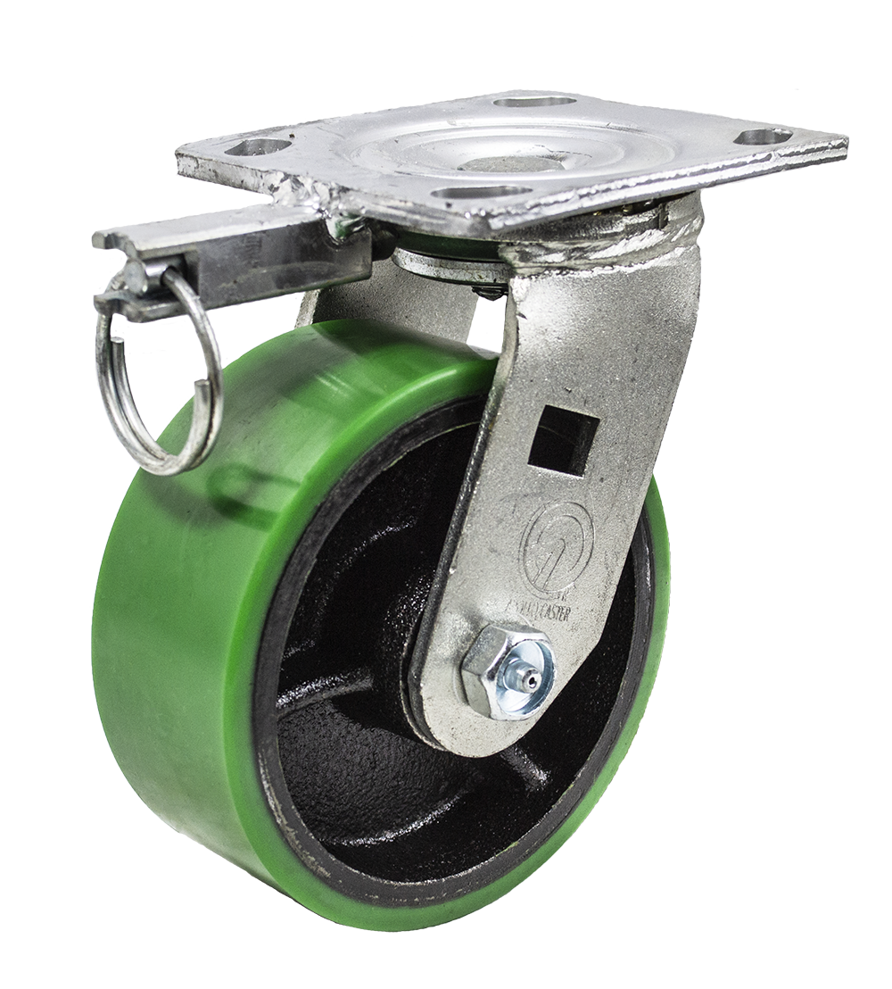 Caster; Swivel; 8" x 2"; PolyU on Cast; Plate; 4"x4-1/2"; holes: 2-5/8"x3-5/8" (slots to 3"x3"); 3/8" bolt; Zinc; Roller Brng; 1250#; 4 Position Swivel Lock (Item #65928)