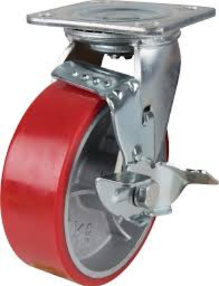 Caster; Swivel; 6" x 2"; PolyU on Cast; Plate (4-1/2"x6-1/4"; holes: 2-7/16"x4-15/16" slotted to 3-3/8"x5-1/4"; 1/2" bolt); Roller Brg; 1200#; Brake; Pos Lock (Item #63533)