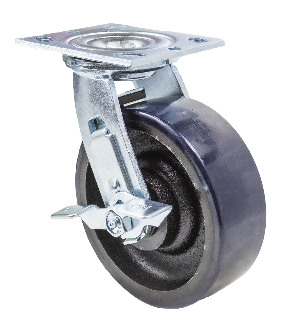 Caster; Swivel; 5" x 2"; PolyU (Crowned) on Cast; Plate; 4"x4-1/2"; holes: 2-5/8"x3-5/8" (slotted to 3"x3"); 3/8" bolt; Zinc; Roller Brng; 1250#; Brake (Item #66451)