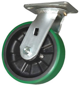 Caster; Swivel; 4" x 2"; PolyU on Nylon (Green); Top Plate (4"x4-1/2"; holes: 2-5/8"x3-5/8" slotted to 3"x3"; 3/8" bolt); Zinc; Roller Brng; 700# (Item #65519)