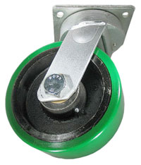 Caster; Swivel; 6"x2-1/2"; PolyU on Cast Iron; Plate; 4-1/2x6-1/4; holes: 2-7/16x4-15/16 (slotted to 3-3/8x5-1/4); 1/2 bolt; Roller Brg; 2200#; Kingpinless (Item #65721)