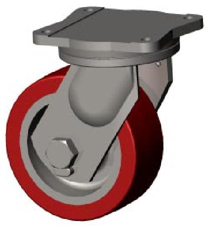 Caster; Swivel; 8"x3"; Steel (Ductile); Plate (5-1/4x7-1/4; holes: 3-3/8x5-1/4 slotted to 4-1/8x6-1/8; 1/2 bolt); Roller Brng; 4750#; Position Lock; Kingpinless (Item #67034)