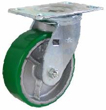 Caster; Swivel; 5" x 2"; PolyU on Cast Iron (Red or Green); Plate (4-1/2"x6-1/4"; holes: 2-7/16"x4-15/16" slots to 3-3/8"x5-1/4"); Zinc; Roller Brg; 1100# (Item #69871)
